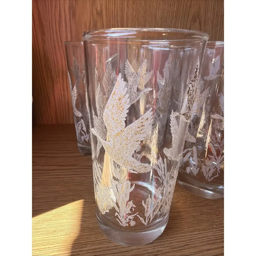Bartlett Collins Pokee’ 8 Glass Set 22KT Goose Deer/Thistle Pattern‎